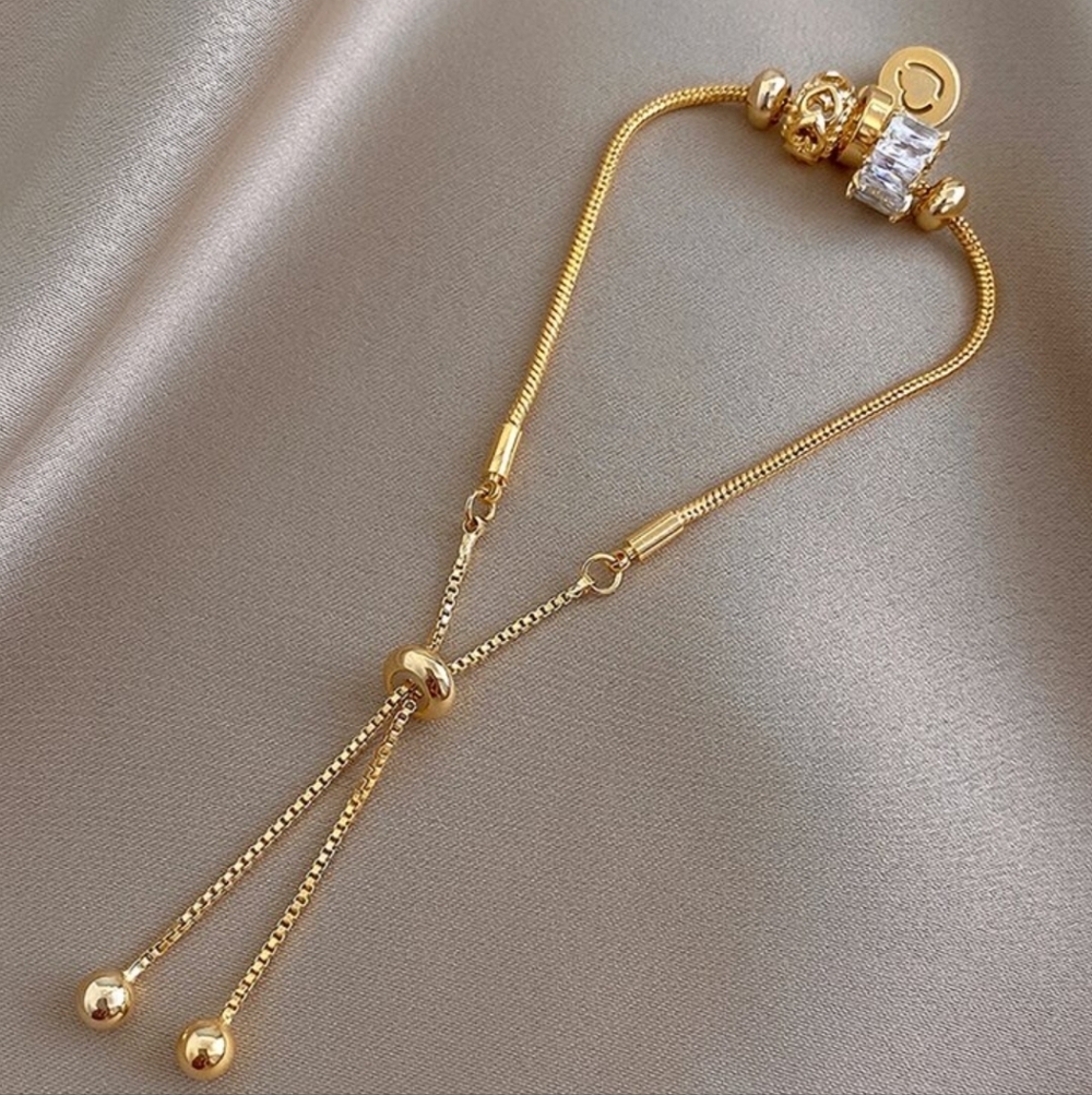 Adjustable 18K Yellow Gold Plated Lariat Charm Bracelet with Sliding Bead